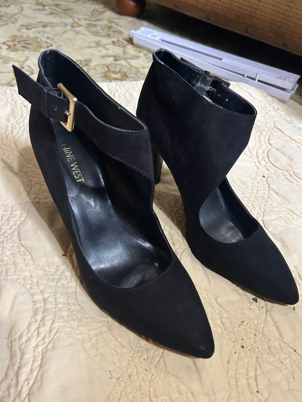 Nine West Black Suede Pointed Cutout Ankle Strap Heels